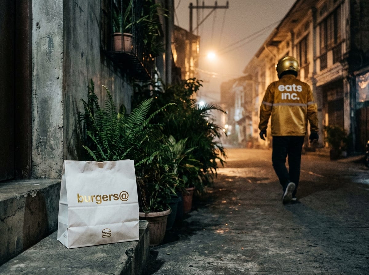 Delivery rider walking away from a food bag on a street in Southeast Asia